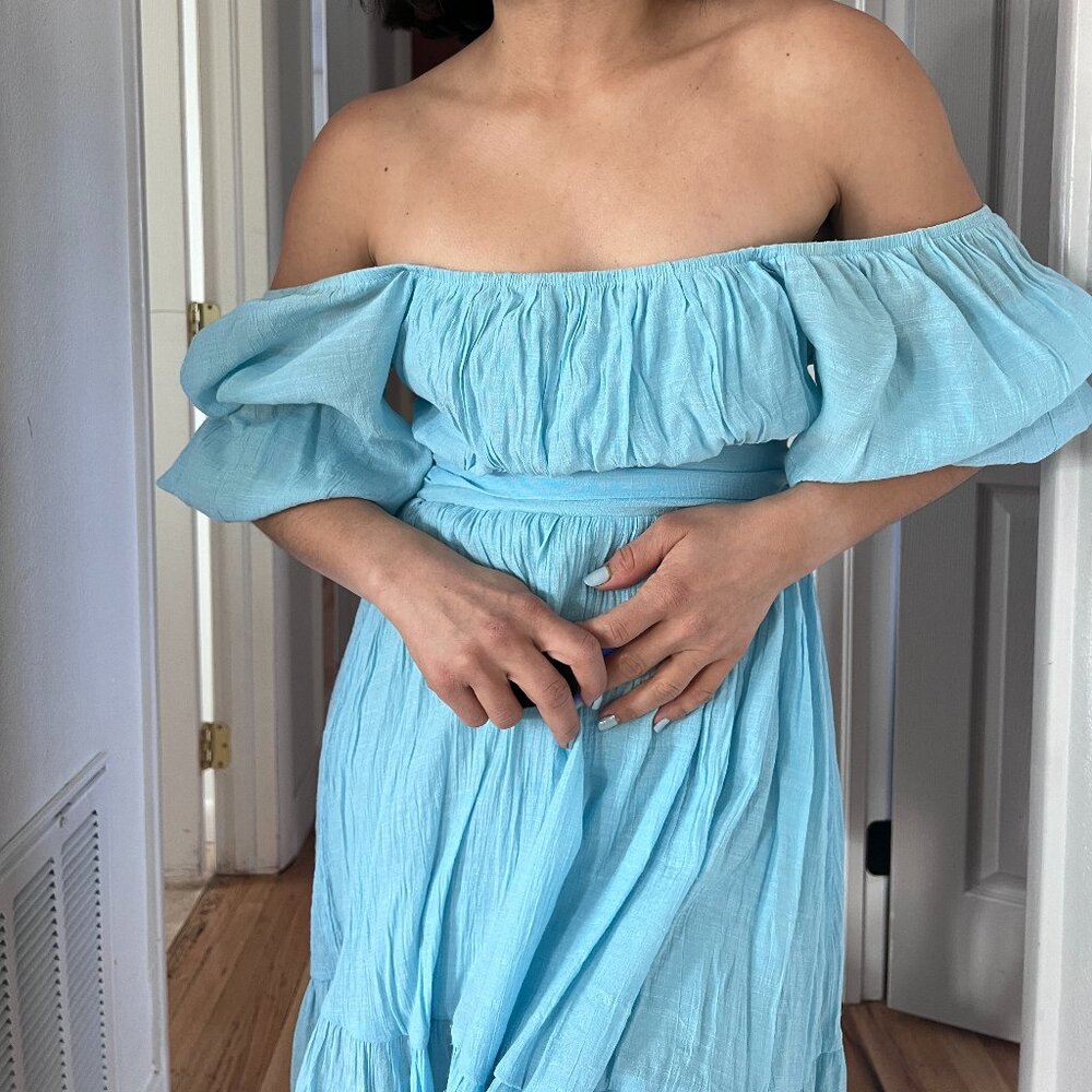 puff sleeve open back mini dress light blue princess costume summer vacation Med - Picture 11 of 15